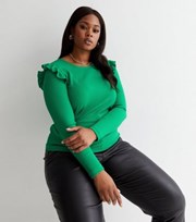 New Look Curves Green Ribbed Knit Frill Long Sleeve Top
